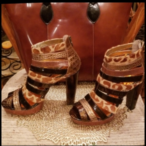 Luichiny Rear Zip Mixed Media Leather Animal Print Platform Sandal Booties - Picture 10 of 13